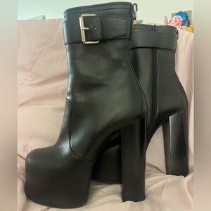 YSL Saint Laurent Mina 95 Black Platform Leather Boots w Buckle